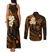 Hawaii Couples Matching Tank Maxi Dress and Long Sleeve Button Shirts Molokai Islands Polynesian Sunset Plumeria Gold Vibe LT9 - Polynesian Pride