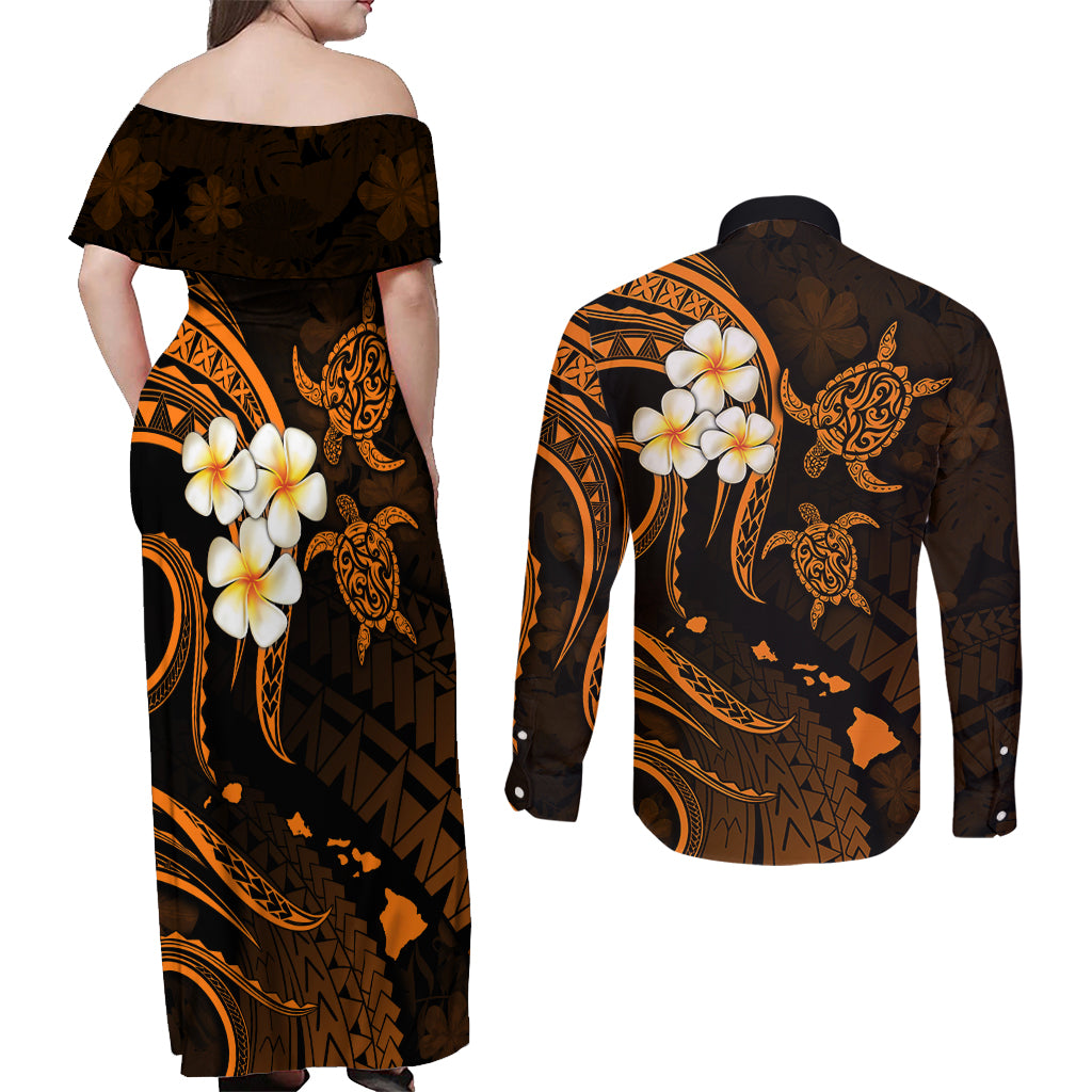 Hawaii Couples Off Shoulder Maxi Dress and Long Sleeve Button Shirts Molokai Islands Polynesian Sunset Plumeria Gold Vibe LT9 - Polynesian Pride