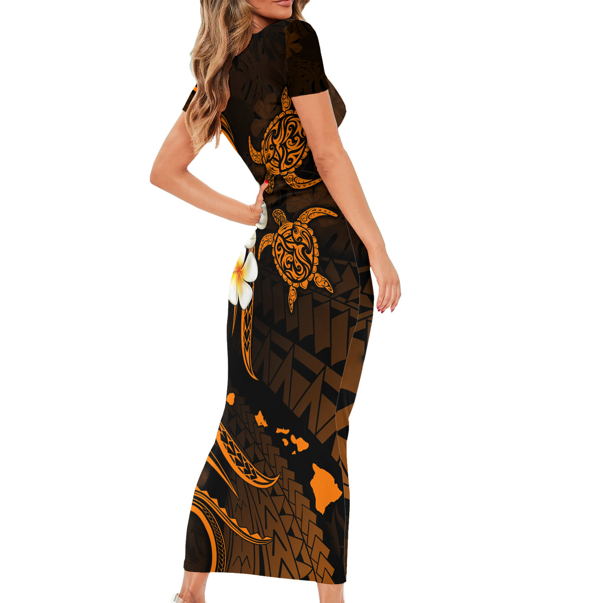 Hawaii Short Sleeve Bodycon Dress Molokai Islands Polynesian Sunset Plumeria Gold Vibe LT9 - Polynesian Pride
