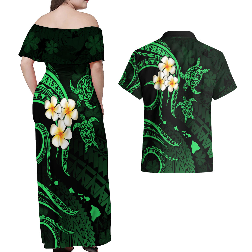 Hawaii Couples Off Shoulder Maxi Dress and Hawaiian Shirt Molokai Islands Polynesian Sunset Plumeria Green Vibe LT9 - Polynesian Pride