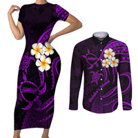 Polynesian Hawaii Couples Short Sleeve Bodycon Dress and Long Sleeve Button Shirts Molokai Islands with Pacific Plumeria Purple Vibe LT9 Purple - Polynesian Pride