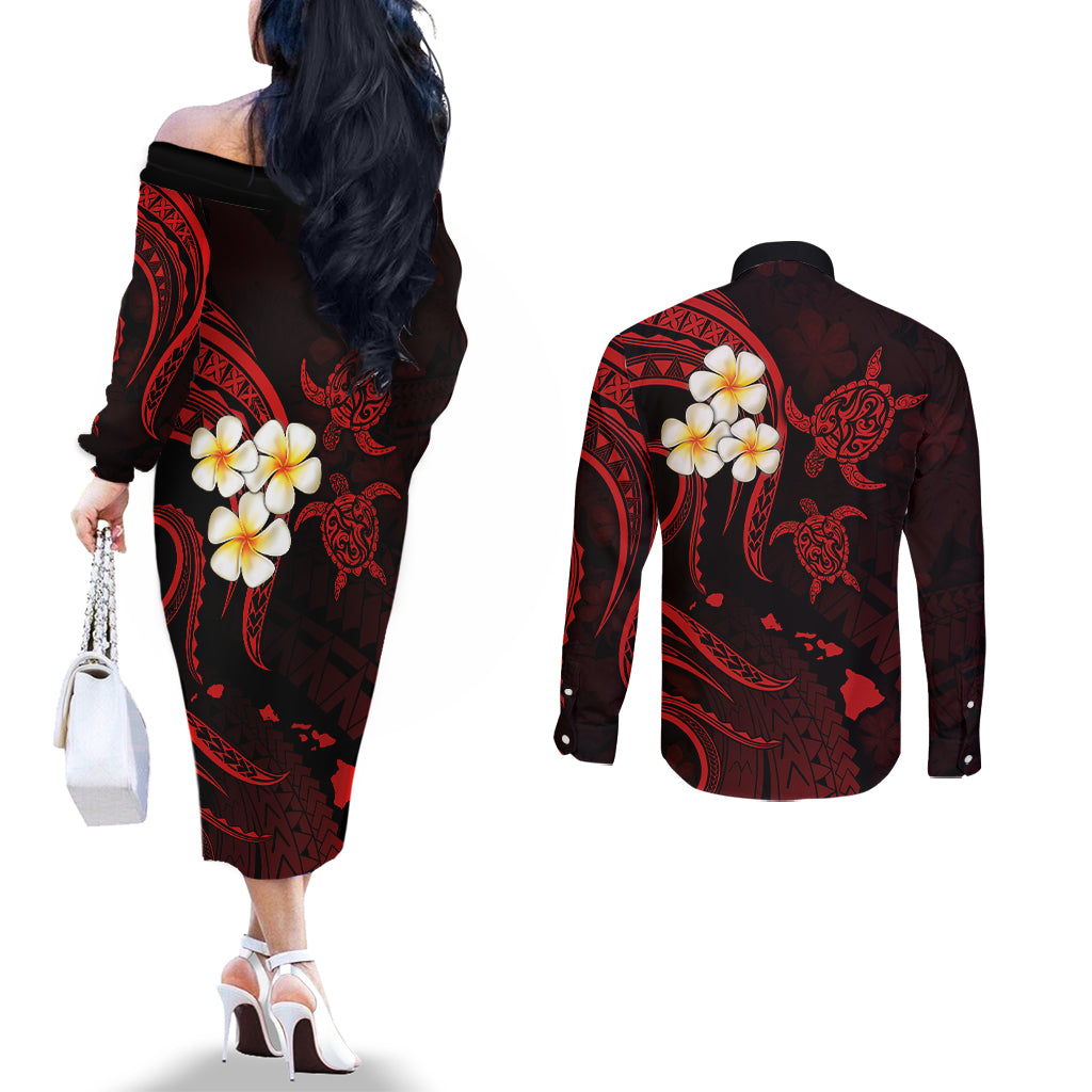 Polynesian Hawaii Couples Off The Shoulder Long Sleeve Dress and Long Sleeve Button Shirts Molokai Islands with Pacific Plumeria Red Vibe LT9 - Polynesian Pride