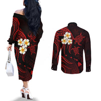Polynesian Hawaii Couples Off The Shoulder Long Sleeve Dress and Long Sleeve Button Shirts Molokai Islands with Pacific Plumeria Red Vibe LT9 - Polynesian Pride