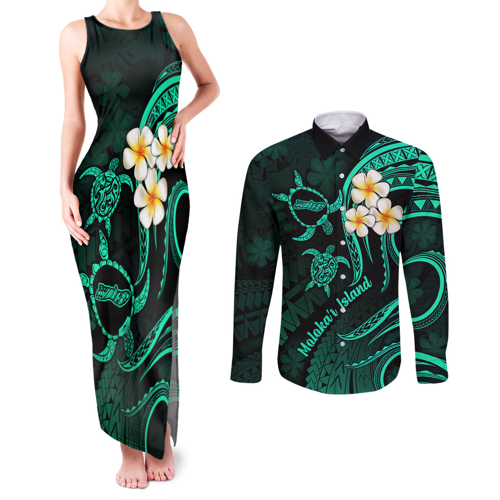 Polynesian Hawaii Couples Matching Tank Maxi Dress and Long Sleeve Button Shirts Molokai Islands with Pacific Plumeria Turquoise Vibe LT9 Turquoise - Polynesian Pride