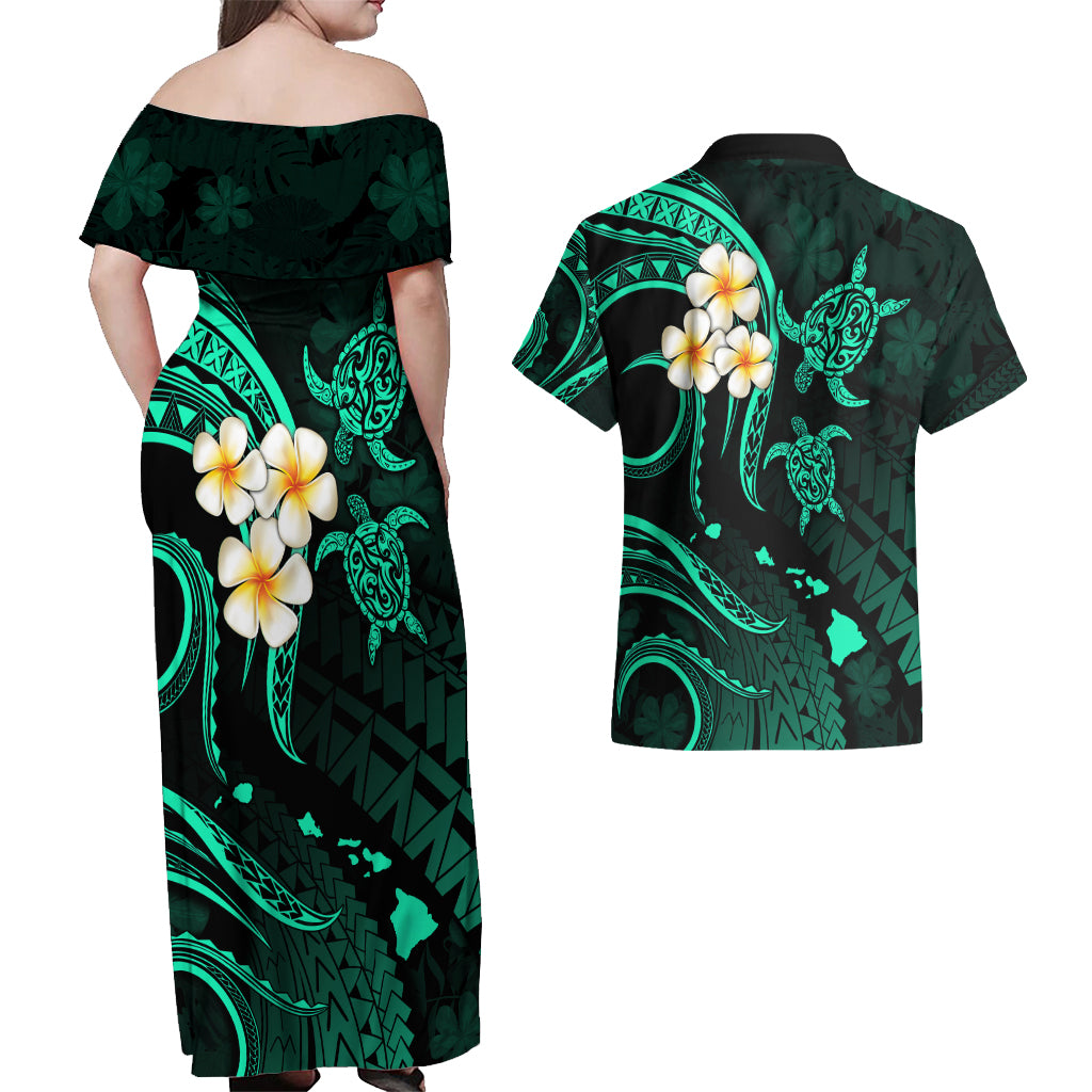 Polynesian Hawaii Couples Off Shoulder Maxi Dress and Hawaiian Shirt Molokai Islands with Pacific Plumeria Turquoise Vibe LT9 - Polynesian Pride