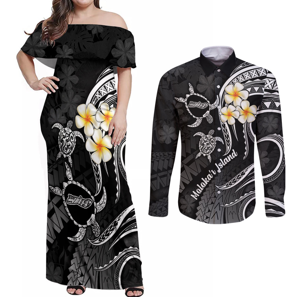 Polynesian Hawaii Couples Off Shoulder Maxi Dress and Long Sleeve Button Shirts Molokai Islands with Pacific Plumeria White Vibe LT9 White - Polynesian Pride