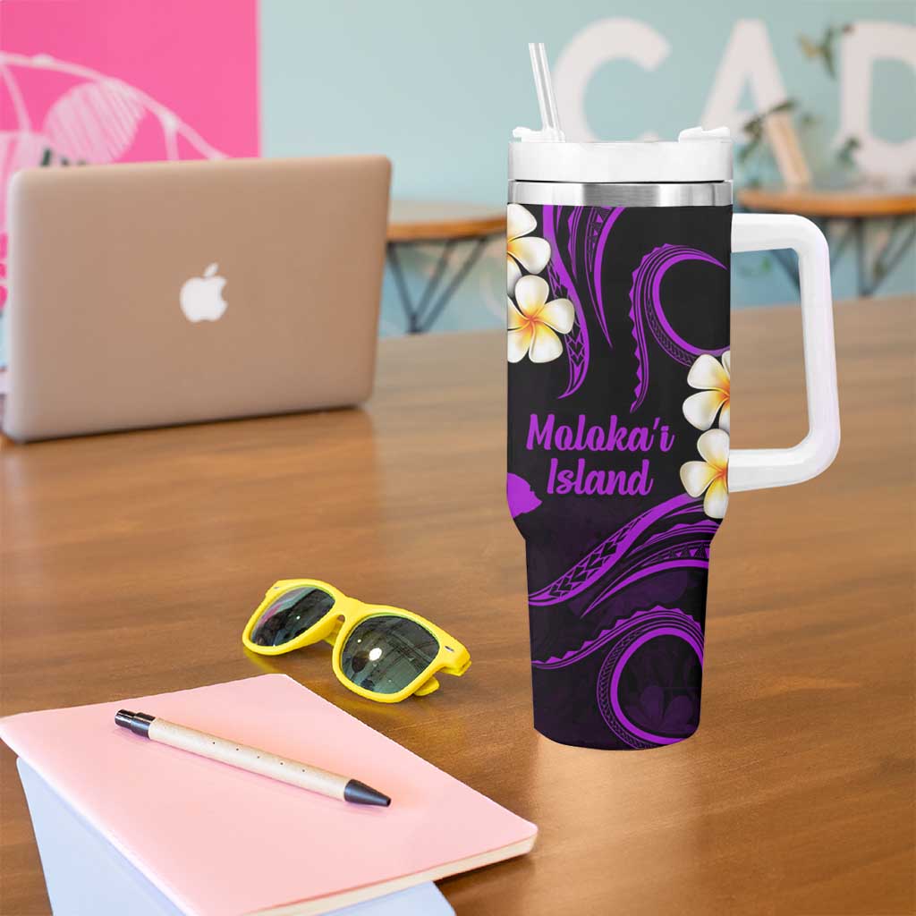 Hawaii Molokaʻi Islands Pacific Plumeria Tumbler With Handle Purple Polynesian Tattoo