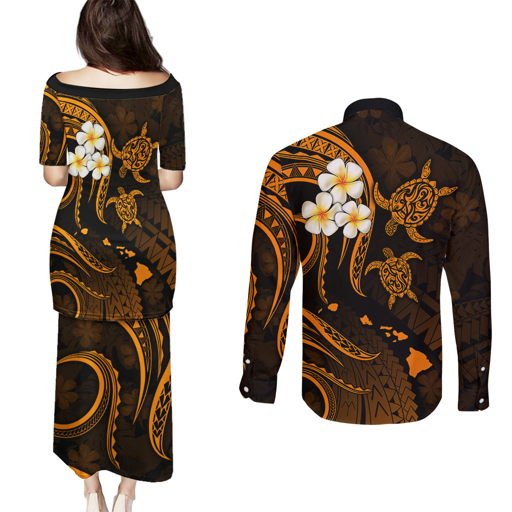 Hawaii Couples Puletasi Dress and Long Sleeve Button Shirts Lanai Islands Polynesian Sunset Plumeria Gold Vibe LT9 - Polynesian Pride