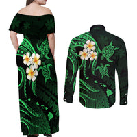 Hawaii Couples Off Shoulder Maxi Dress and Long Sleeve Button Shirts Lanai Islands Polynesian Sunset Plumeria Green Vibe LT9 - Polynesian Pride