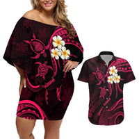 Hawaii Couples Off Shoulder Short Dress and Hawaiian Shirt Lanai Islands Polynesian Sunset Plumeria Pink Vibe LT9 Pink - Polynesian Pride