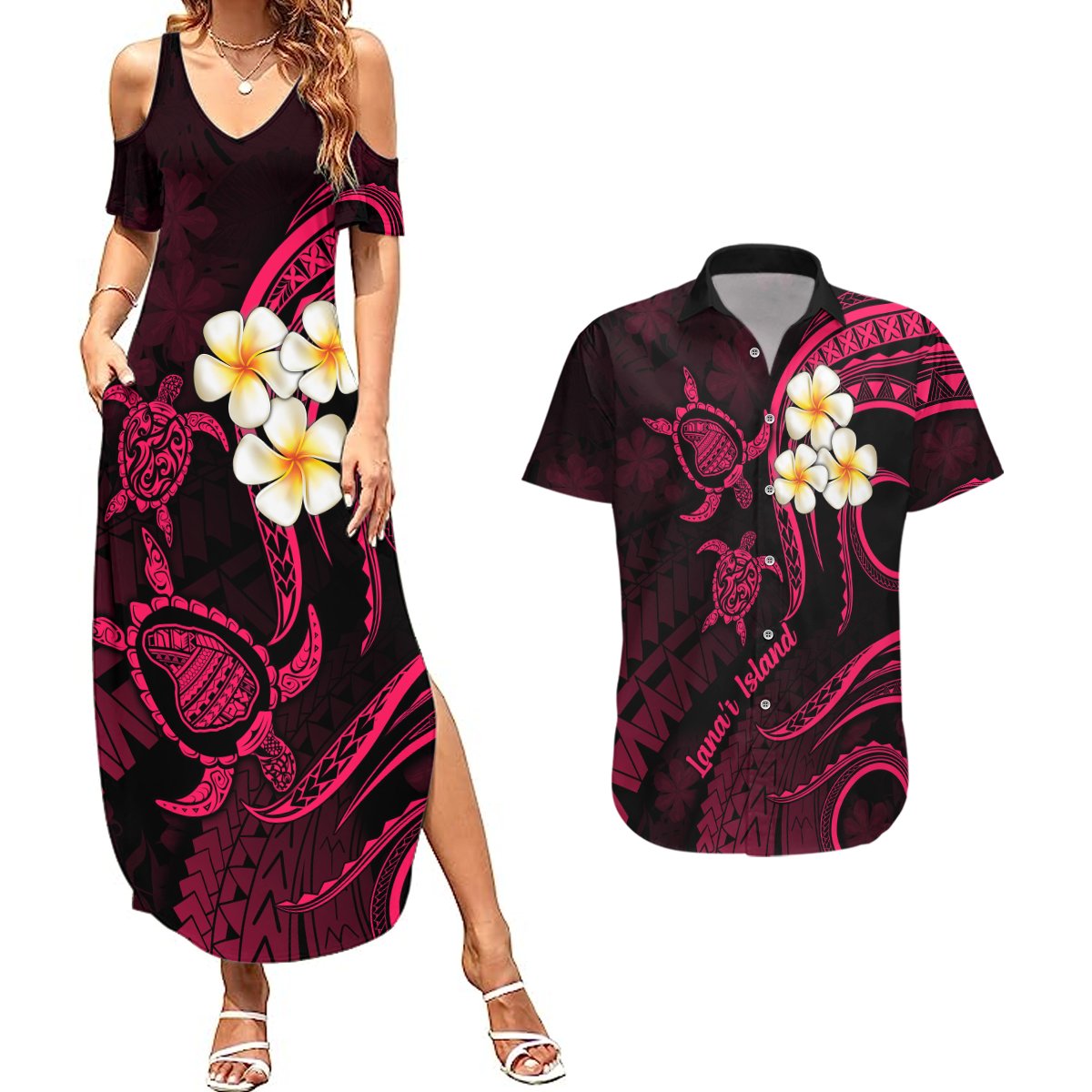 Hawaii Couples Summer Maxi Dress and Hawaiian Shirt Lanai Islands Polynesian Sunset Plumeria Pink Vibe LT9 Pink - Polynesian Pride