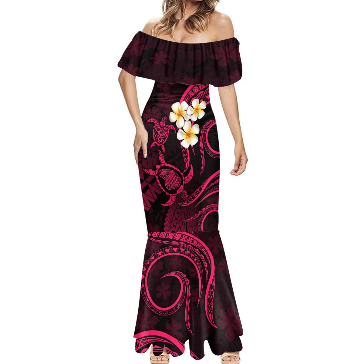 Hawaii Mermaid Dress Lanai Islands Polynesian Sunset Plumeria Pink Vibe LT9 - Polynesian Pride