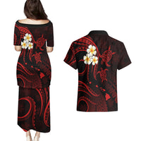 Polynesian Hawaii Couples Puletasi Dress and Hawaiian Shirt Lanai Islands with Pacific Plumeria Red Vibe LT9 - Polynesian Pride