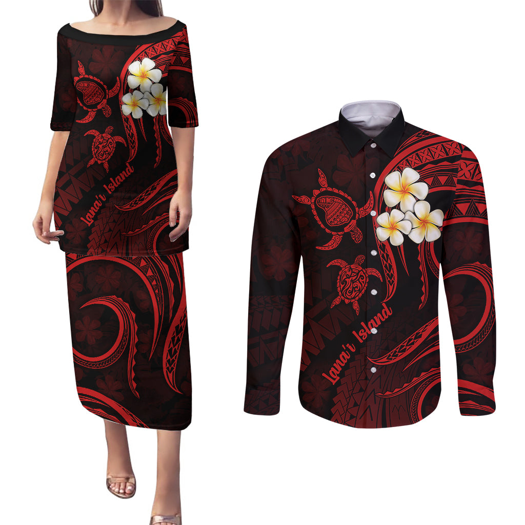 Polynesian Hawaii Couples Puletasi Dress and Long Sleeve Button Shirts Lanai Islands with Pacific Plumeria Red Vibe LT9 Red - Polynesian Pride