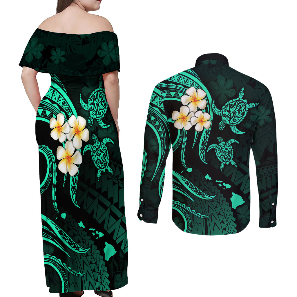 Polynesian Hawaii Couples Off Shoulder Maxi Dress and Long Sleeve Button Shirts Lanai Islands with Pacific Plumeria Turquoise Vibe LT9 - Polynesian Pride