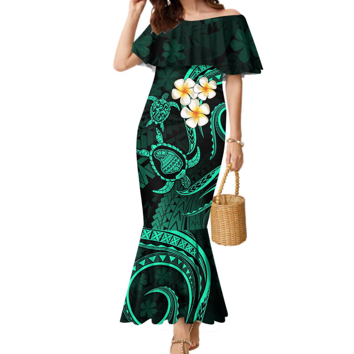 Polynesian Hawaii Mermaid Dress Lanai Islands with Pacific Plumeria Turquoise Vibe LT9 Women Turquoise - Polynesian Pride