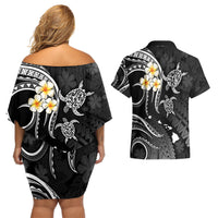 Polynesian Hawaii Couples Off Shoulder Short Dress and Hawaiian Shirt Lanai Islands with Pacific Plumeria White Vibe LT9 - Polynesian Pride