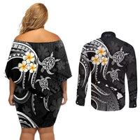 Polynesian Hawaii Couples Off Shoulder Short Dress and Long Sleeve Button Shirts Lanai Islands with Pacific Plumeria White Vibe LT9 - Polynesian Pride