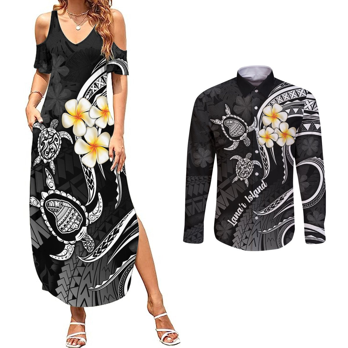 Polynesian Hawaii Couples Summer Maxi Dress and Long Sleeve Button Shirts Lanai Islands with Pacific Plumeria White Vibe LT9 White - Polynesian Pride
