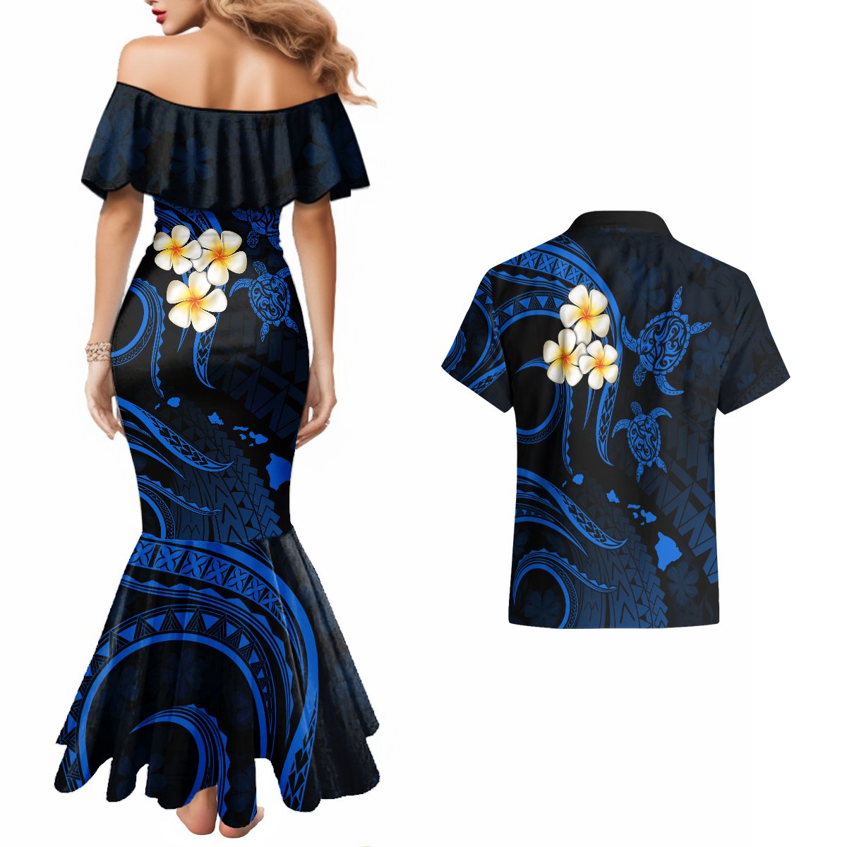 Hawaii Couples Mermaid Dress And Hawaiian Shirt Kauai Islands Polynesian Sunset Plumeria LT9 - Polynesian Pride