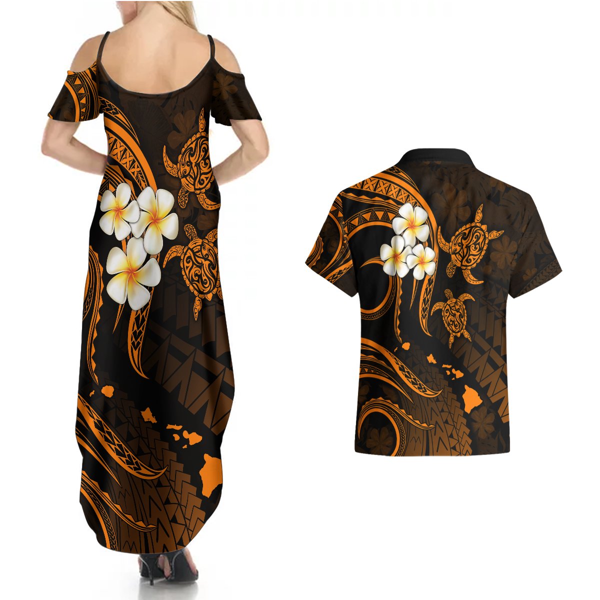 Hawaii Couples Summer Maxi Dress and Hawaiian Shirt Kauai Islands Polynesian Sunset Plumeria Gold Vibe LT9 - Polynesian Pride