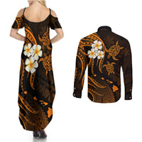 Hawaii Couples Summer Maxi Dress and Long Sleeve Button Shirts Kauai Islands Polynesian Sunset Plumeria Gold Vibe LT9 - Polynesian Pride