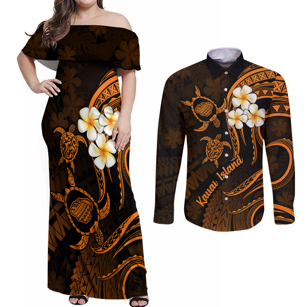 Hawaii Couples Off Shoulder Maxi Dress and Long Sleeve Button Shirts Kauai Islands Polynesian Sunset Plumeria Gold Vibe LT9 Gold - Polynesian Pride