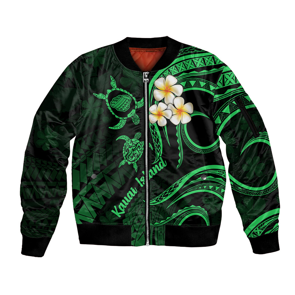Hawaii Sleeve Zip Bomber Jacket Kauai Islands Polynesian Sunset Plumeria Green Vibe LT9 Unisex Green - Polynesian Pride