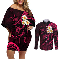 Hawaii Couples Off Shoulder Short Dress and Long Sleeve Button Shirts Kauai Islands Polynesian Sunset Plumeria Pink Vibe LT9 Pink - Polynesian Pride