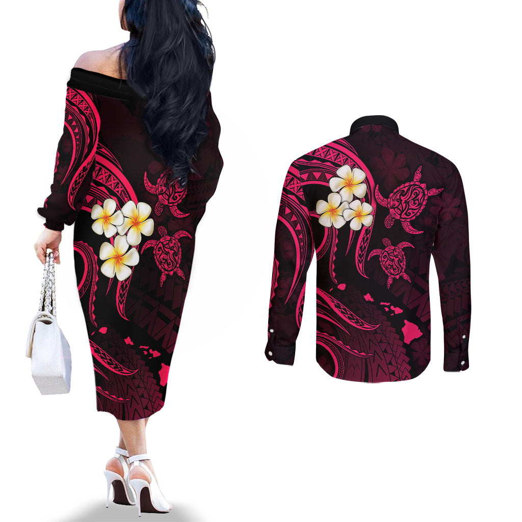 Hawaii Couples Off The Shoulder Long Sleeve Dress and Long Sleeve Button Shirts Kauai Islands Polynesian Sunset Plumeria Pink Vibe LT9 - Polynesian Pride