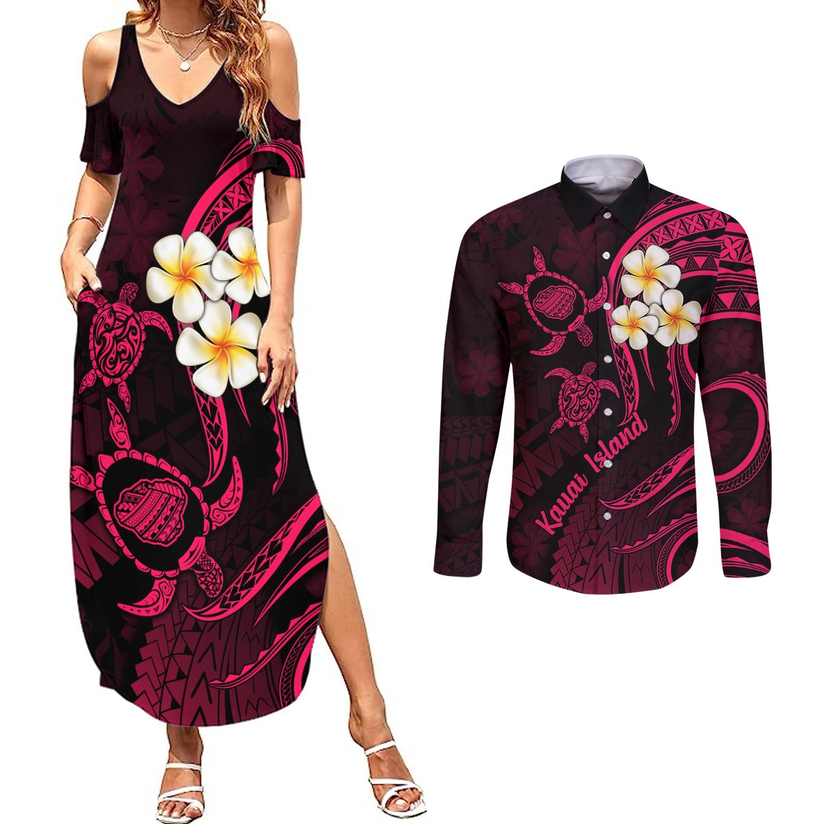 Hawaii Couples Summer Maxi Dress and Long Sleeve Button Shirts Kauai Islands Polynesian Sunset Plumeria Pink Vibe LT9 Pink - Polynesian Pride