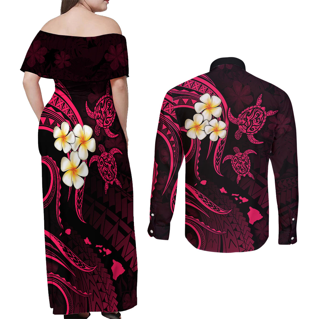 Hawaii Couples Off Shoulder Maxi Dress and Long Sleeve Button Shirts Kauai Islands Polynesian Sunset Plumeria Pink Vibe LT9 - Polynesian Pride