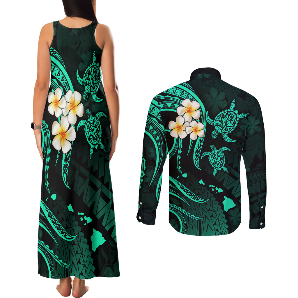 Polynesian Hawaii Couples Matching Tank Maxi Dress and Long Sleeve Button Shirts Kauai Islands with Pacific Plumeria Turquoise Vibe LT9 - Polynesian Pride