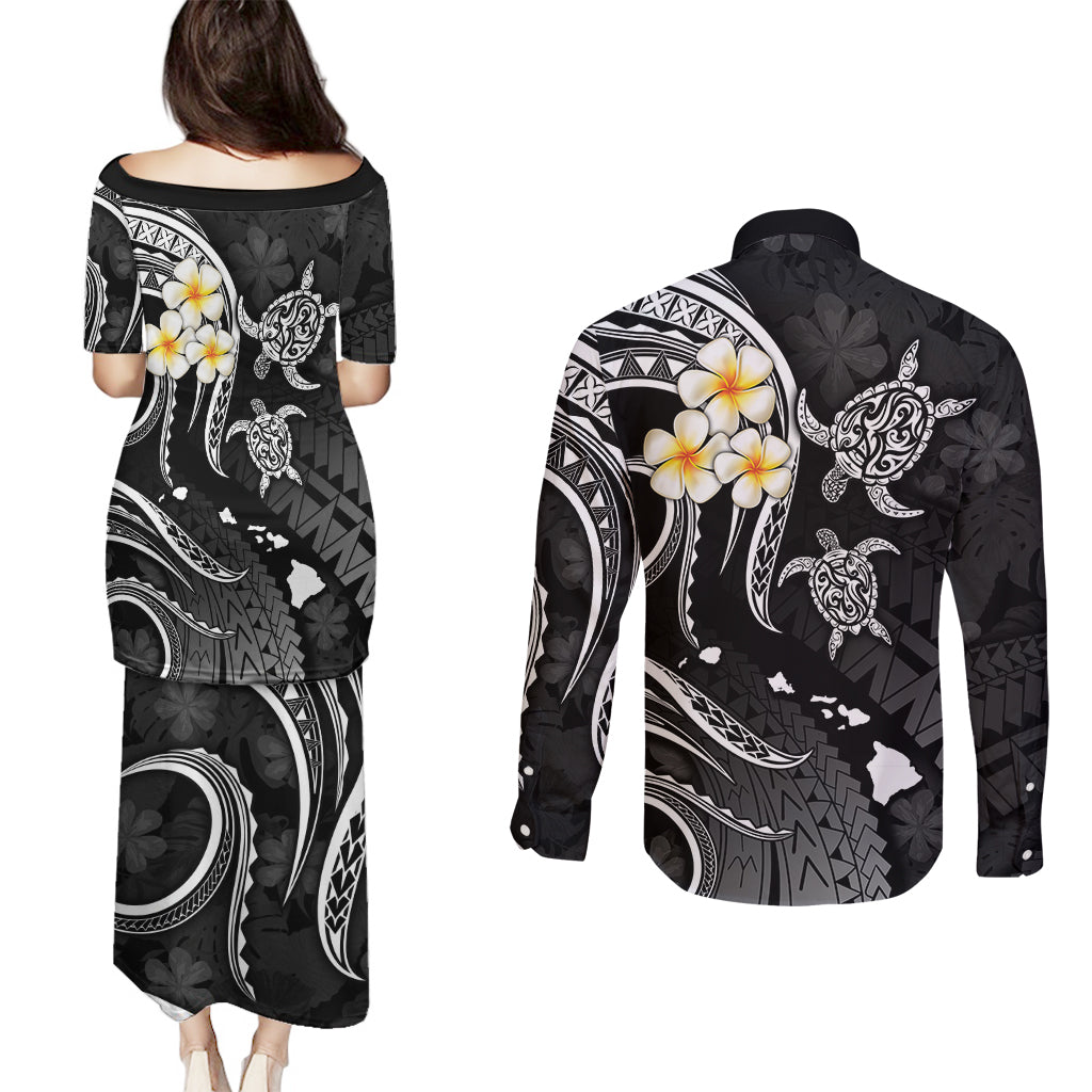Polynesian Hawaii Couples Puletasi Dress and Long Sleeve Button Shirts Kauai Islands with Pacific Plumeria White Vibe LT9 - Polynesian Pride