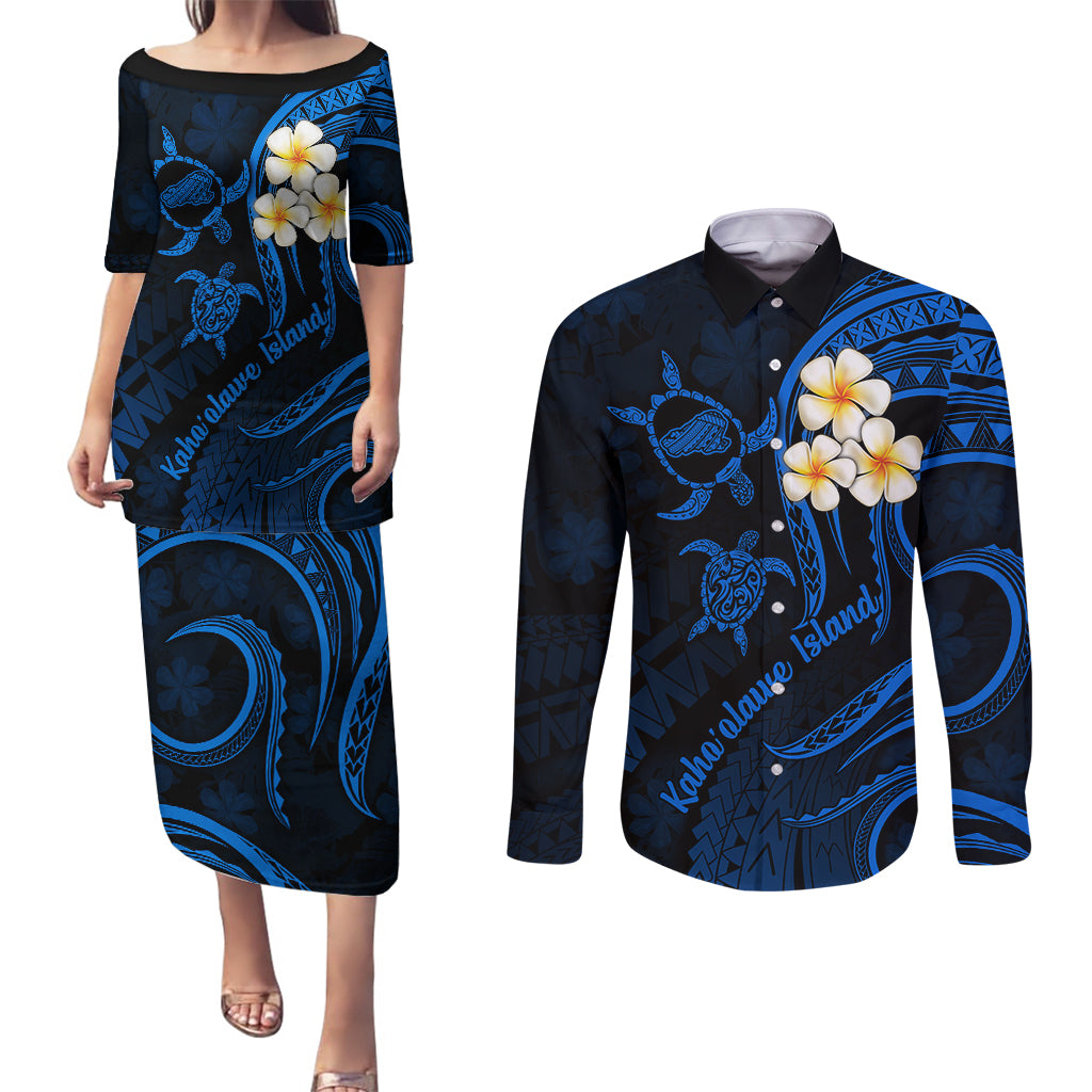 Hawaii Couples Puletasi Dress and Long Sleeve Button Shirts Kahoolawe Islands Polynesian Sunset Plumeria LT9 Blue - Polynesian Pride