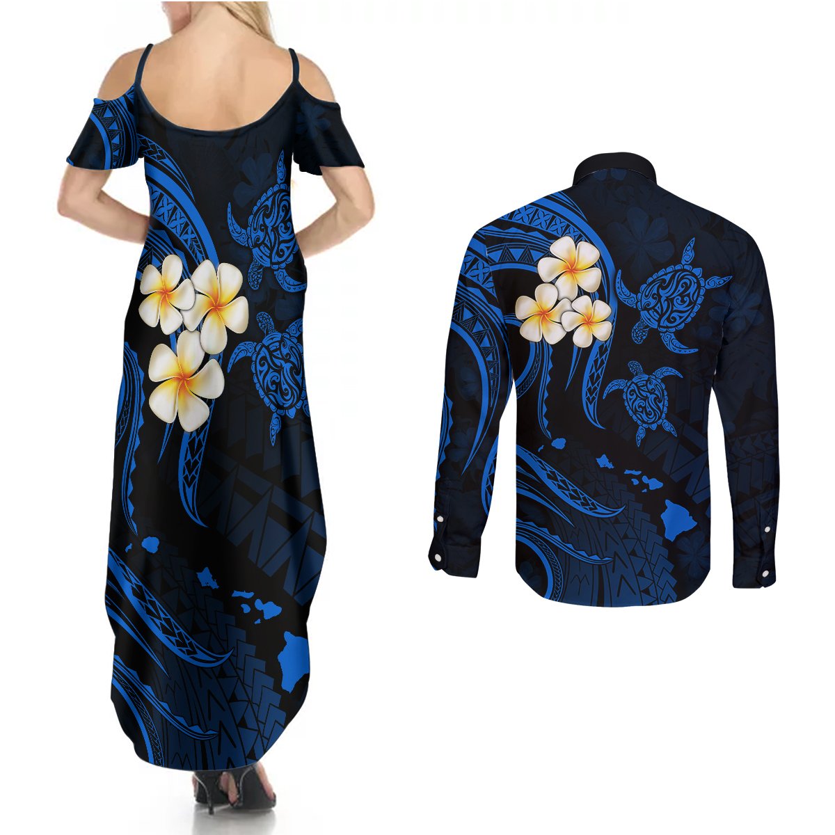 Hawaii Couples Summer Maxi Dress and Long Sleeve Button Shirts Kahoolawe Islands Polynesian Sunset Plumeria LT9 - Polynesian Pride