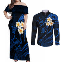 Hawaii Couples Off Shoulder Maxi Dress and Long Sleeve Button Shirts Kahoolawe Islands Polynesian Sunset Plumeria LT9 Blue - Polynesian Pride