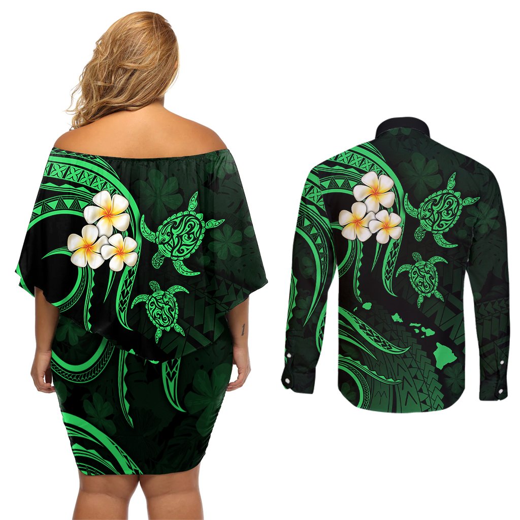 Hawaii Couples Off Shoulder Short Dress and Long Sleeve Button Shirts Kahoolawe Islands Polynesian Sunset Plumeria Green Vibe LT9 - Polynesian Pride