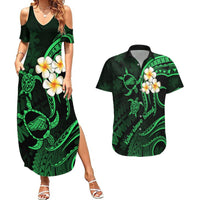 Hawaii Couples Summer Maxi Dress and Hawaiian Shirt Kahoolawe Islands Polynesian Sunset Plumeria Green Vibe LT9 Green - Polynesian Pride