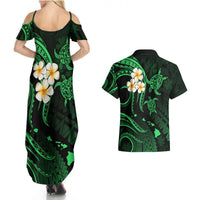 Hawaii Couples Summer Maxi Dress and Hawaiian Shirt Kahoolawe Islands Polynesian Sunset Plumeria Green Vibe LT9 - Polynesian Pride