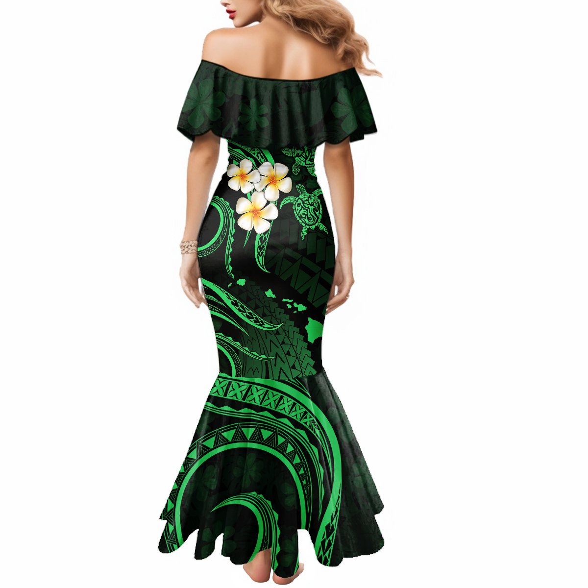 Hawaii Mermaid Dress Kahoolawe Islands Polynesian Sunset Plumeria Green Vibe LT9 - Polynesian Pride