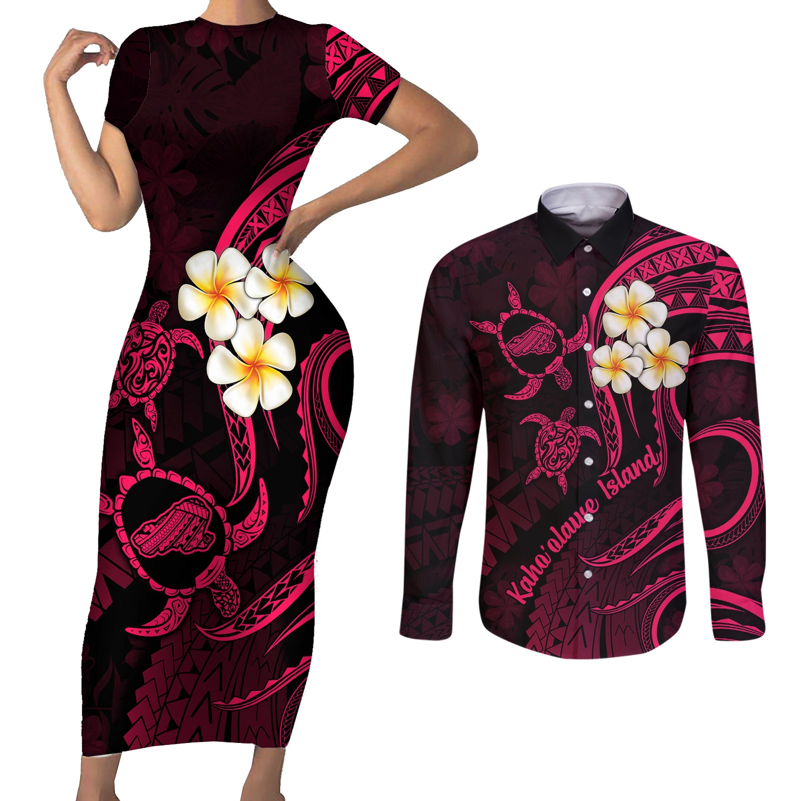 Hawaii Couples Short Sleeve Bodycon Dress and Long Sleeve Button Shirts Kahoolawe Islands Polynesian Sunset Plumeria Pink Vibe LT9 Pink - Polynesian Pride