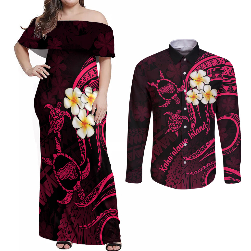 Hawaii Couples Off Shoulder Maxi Dress and Long Sleeve Button Shirts Kahoolawe Islands Polynesian Sunset Plumeria Pink Vibe LT9 Pink - Polynesian Pride