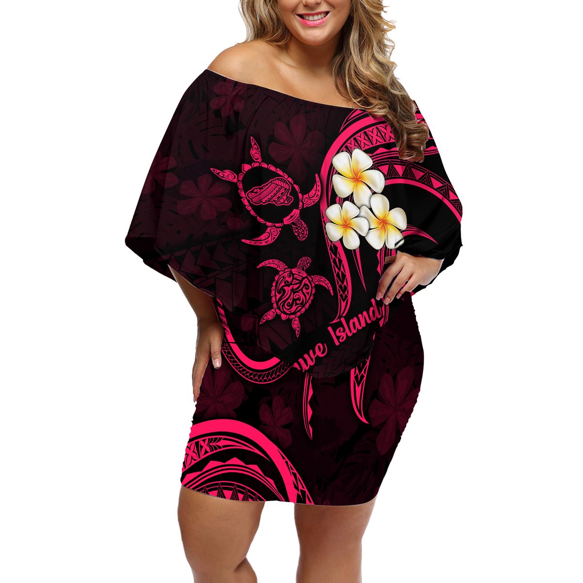Hawaii Off Shoulder Short Dress Kahoolawe Islands Polynesian Sunset Plumeria Pink Vibe LT9 Women Pink - Polynesian Pride