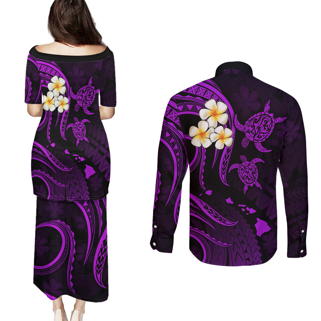 Polynesian Hawaii Couples Puletasi Dress and Long Sleeve Button Shirts Kahoolawe Islands with Pacific Plumeria Purple Vibe LT9 - Polynesian Pride