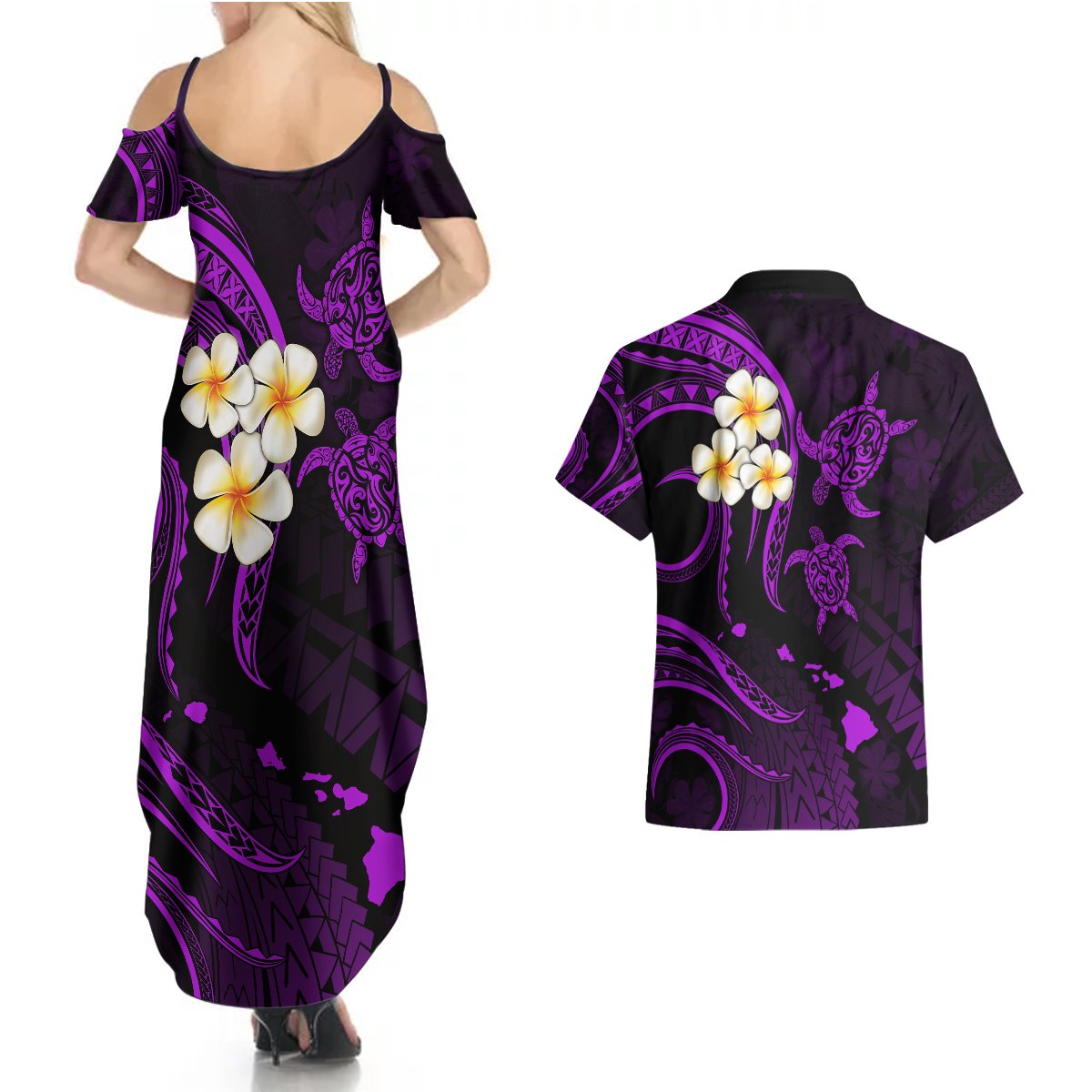 Polynesian Hawaii Couples Summer Maxi Dress and Hawaiian Shirt Kahoolawe Islands with Pacific Plumeria Purple Vibe LT9 - Polynesian Pride