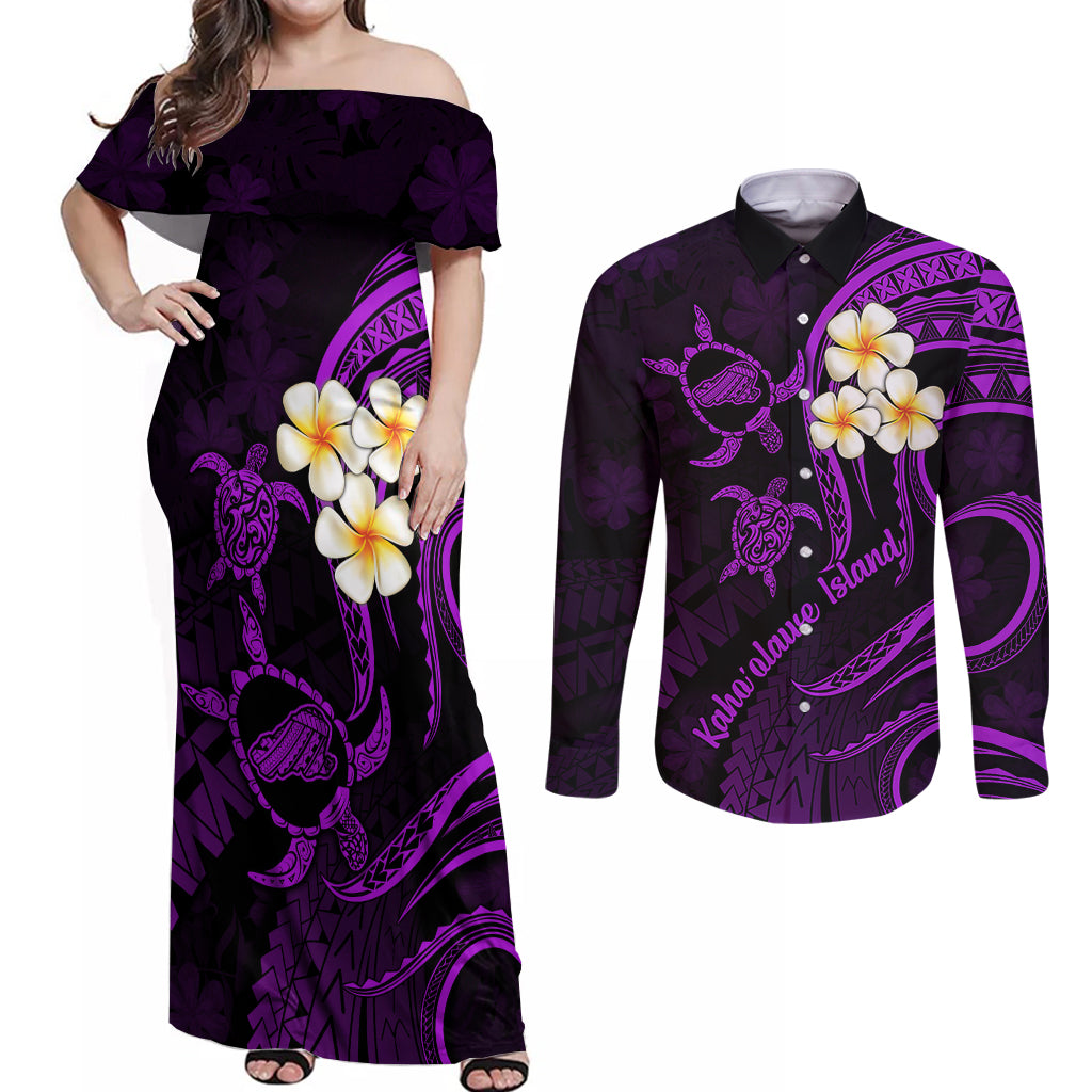 Polynesian Hawaii Couples Off Shoulder Maxi Dress and Long Sleeve Button Shirts Kahoolawe Islands with Pacific Plumeria Purple Vibe LT9 Purple - Polynesian Pride