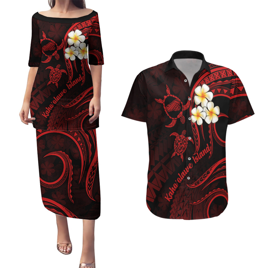 Polynesian Hawaii Couples Puletasi Dress and Hawaiian Shirt Kahoolawe Islands with Pacific Plumeria Red Vibe LT9 Red - Polynesian Pride