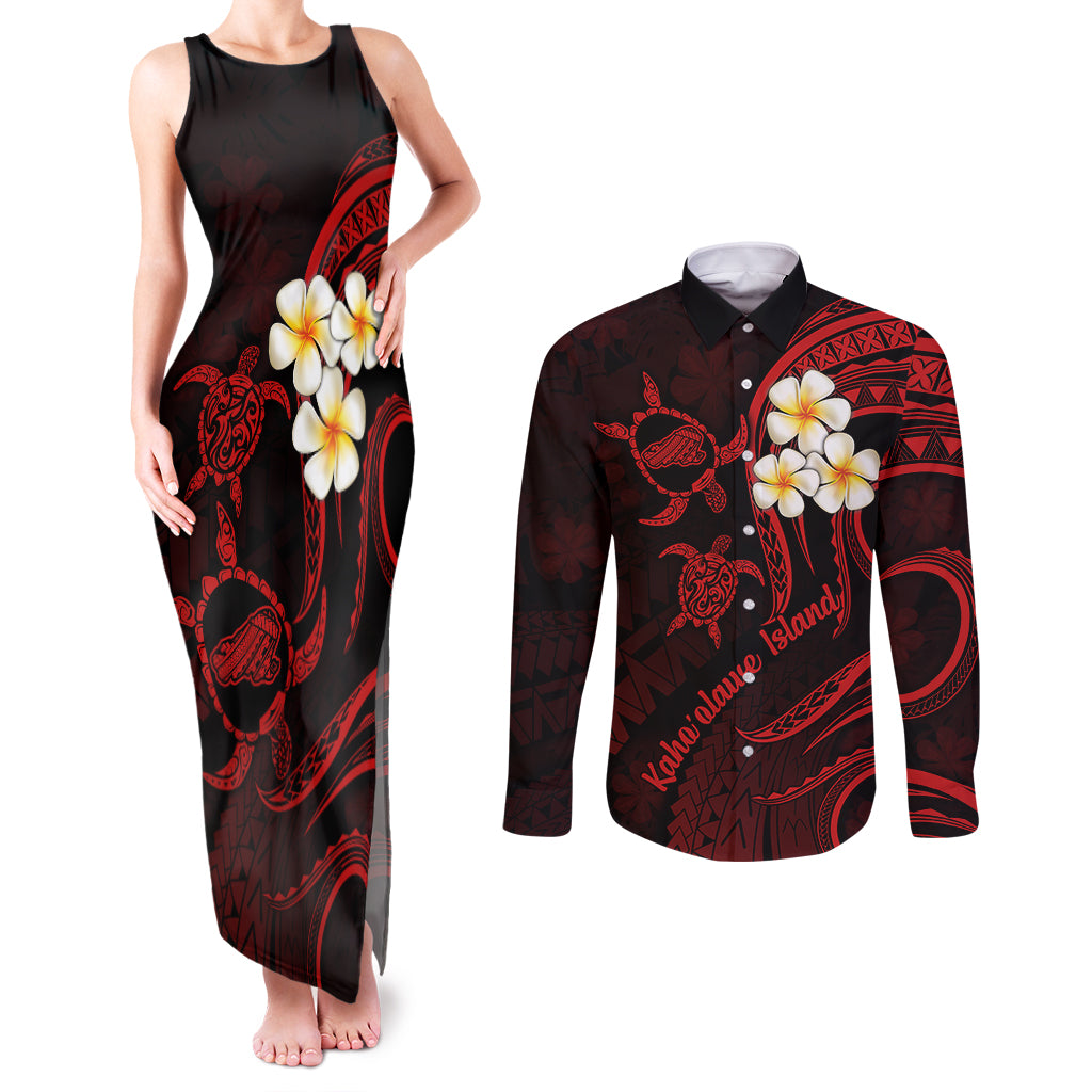 Polynesian Hawaii Couples Matching Tank Maxi Dress and Long Sleeve Button Shirts Kahoolawe Islands with Pacific Plumeria Red Vibe LT9 Red - Polynesian Pride