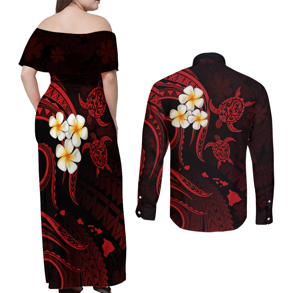 Polynesian Hawaii Couples Off Shoulder Maxi Dress and Long Sleeve Button Shirts Kahoolawe Islands with Pacific Plumeria Red Vibe LT9 - Polynesian Pride